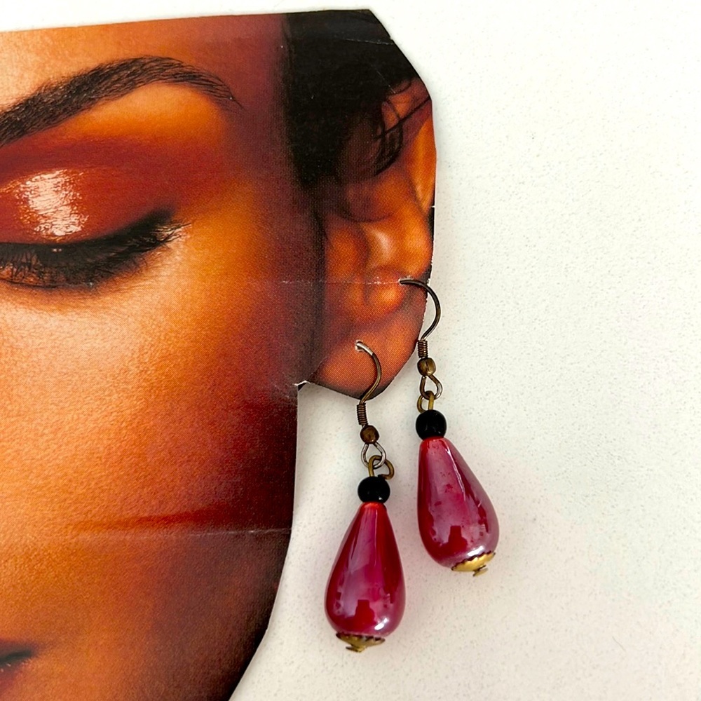 Bijoux Terner Pink Glass Black Teardrop Earrings Silver Pierced Boho Ethnic NWT - Picture 4 of 8